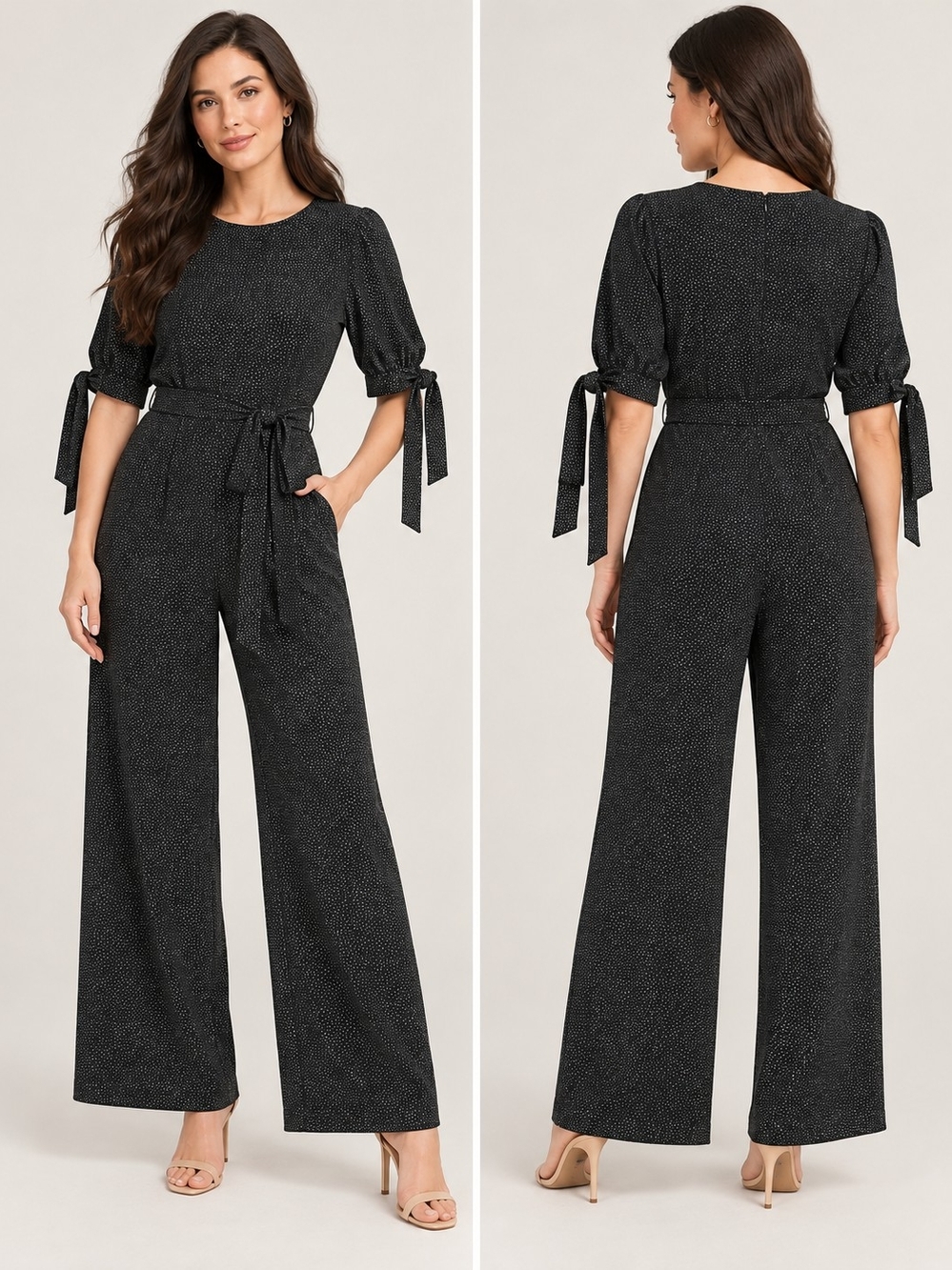 CeCe Black Micro Polka Tie-Sleeve Wide-Leg Jumpsuit